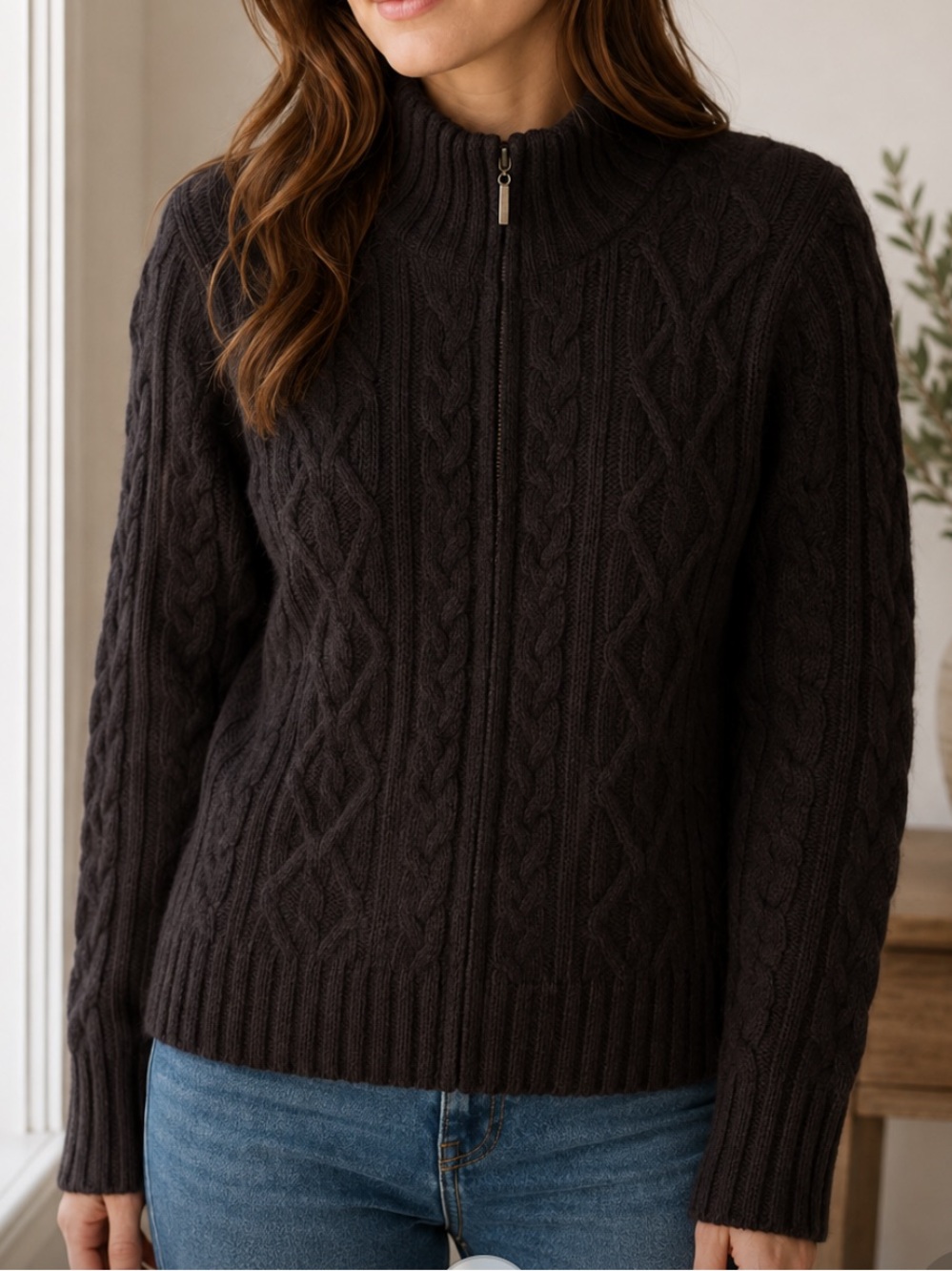 Cambridge Dry Goods Lambswool Brown Cable Knit Zip-Front Sweater